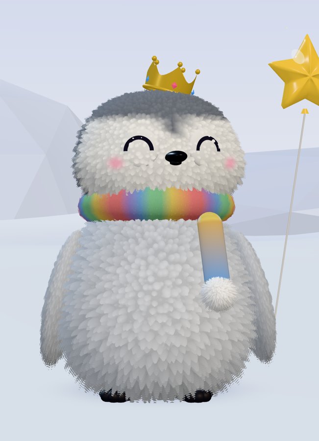 A fluffy baby penguin wearing a little crown, a rainbow scarf and holding a star balloon